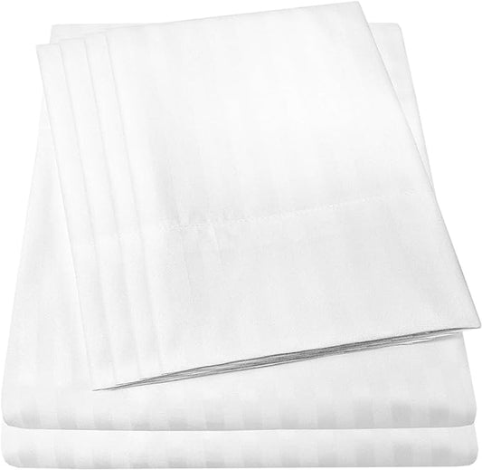Dobby Stripe Queen Sheets - 6 Piece 1500 Supreme Collection Fine Brushed Microfiber Deep Pocket Queen Sheet Set Bedding - 2 Extra Pillow Cases, Great Value, Queen, Dobby White