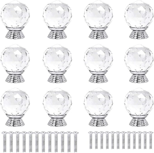 12 Pcs 30mm Round Shape Crystal Glass Cabinet Knobs with Screws Drawer Knob Pull Handle Used for Kitchen, Dresser, Door, Cupboard(Clear)