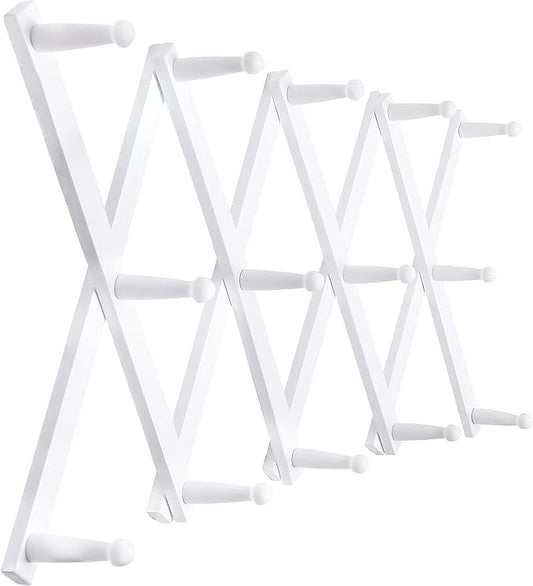 SKOLOO Hat Rack for Wall with 14 Hooks, Solid Wooden, Modern, Expandable Coat Rack Wall Mount for Coats, Hats, Bags, Baseball Caps, White
