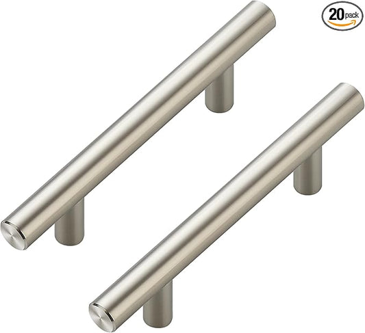 JOY DECOR 20 Pack Cabinet Handles, Brushed Nickel Cabinet Pulls, 3 in Hole Center Kitchen Cabinet Handles, Stainless Steel T Bar Handles for Dresser Drawers