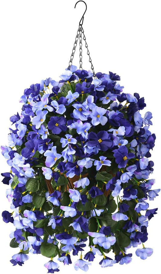 INQCMY Artificial Hanging Flowers Basket for Outdoors Spring Summer Decoration,Faux Silk Begonia in Planter Look Real UV Resistant for Outside Home Porch Patio Garden Balcony Yard Decor（Deep Blue）