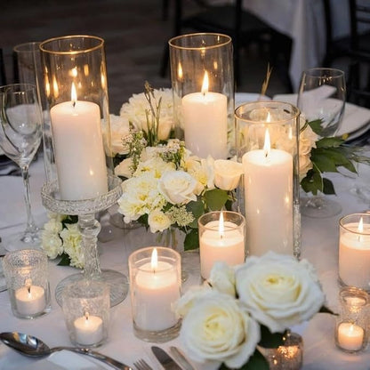 Set of 3 White Pillar Candles and Glass Candle Holders, Clear Cylinder Vases Pillar Candle Holders for Pillar Candles, Hurricane Candle Set for Party, Table, Home Decor, Wedding Centerpieces