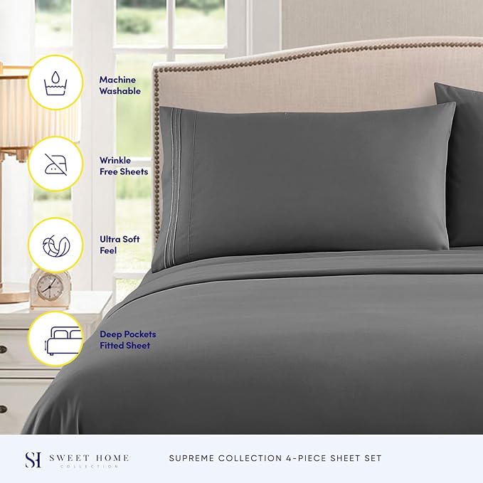 Full Size Sheet Sets - Breathable Luxury Sheets with Full Elastic & Secure Corner Straps Built In - 1800 Supreme Collection Extra Soft Deep Pocket Bedding Set, Sheet Set, Full, Gray