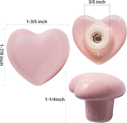 Ceramic Drawer Knobs Heart Shape Cabinet Dresser Pulls Handles with 3 Sized Screws, Kitchen Furniture Knobs for Closet Cupboard Wardrobe (2, Powder Pink)