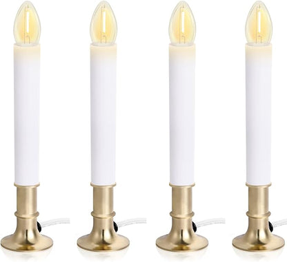 4-Pack Electric Christmas Window Candle Lights Dusk to Dawn with Shatterproof Plastic LED Bulbs, Plug-in Corded Window Candle Lamps, Auto On/Off Light Sensor, 4 Suction Cups Included, Warm White