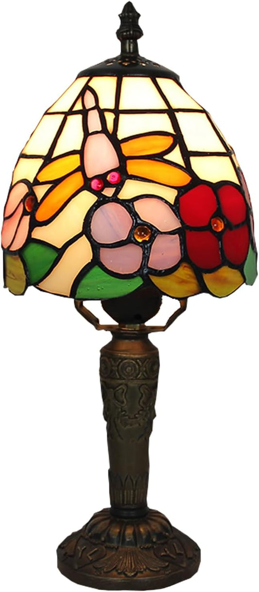 Tiffany Small Lamp Baroque Stained Glass Table Lamp 3 Way Color-Temparetures Bedside Nightstand Table Lamps for Bedroom Living Room Home Office Desk Light W/LED Bulb 6X6X12.5Inch