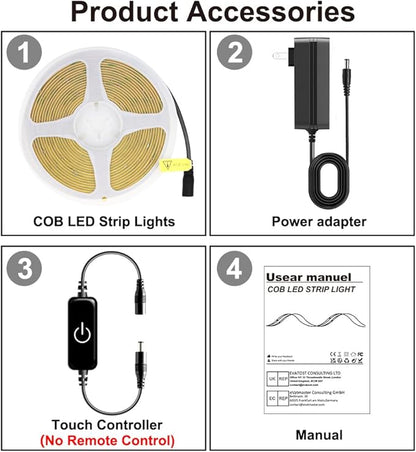 COB LED Strip,LED Strip Lights 3M/9.84ft,Touch Dimmable LED Strips,CRI90+,2700K Warm White cob led,960LEDs,24V LED Tape Lights,Indoor for Bedroom, Kitchen, TV, Mirror,Cabinet