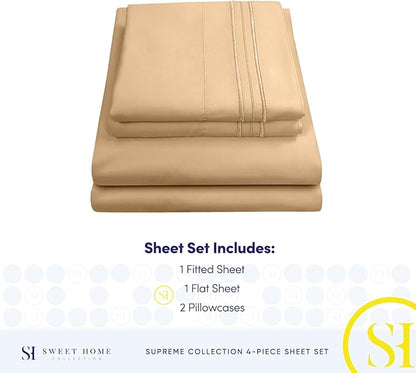 Queen Size Bed Sheets - Breathable Luxury Sheets with Full Elastic & Secure Corner Straps Built In - 1800 Supreme Collection Extra Soft Deep Pocket Bedding Set, Sheet Set, Queen, Camel
