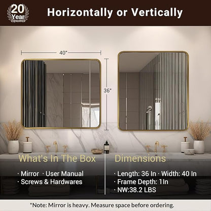 ANDY STAR 40x36 Inch Gold Bathroom Mirror, Brushed Gold Mirrors for Wall in Anti-Rust SUS304 Tube Metal Frame, Rounded Rectangle Mirrors 1’’ Deep Wall Mounted Vertically/Horizontal for Bathroom