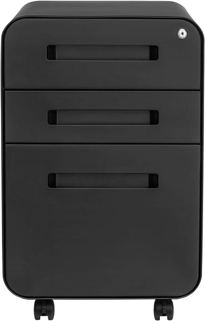 Laura Davidson Furniture Stockpile 3 Drawer File Cabinet with Lock - Under Office Desk Metal Filing Cabinet, Legal/Letter File Folders, Wheels and Stationary Feet, Pre-Assembled, Black