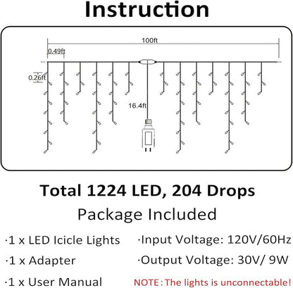 Toodour Christmas Icicle Lights Outdoor, 1224 LED 100ft 8 Modes Fairy Icicle String Light with 204 Drops, Led Christmas Lights Twinkle for Holiday, Party, Wedding, Eaves, Xmas Decorations (White)