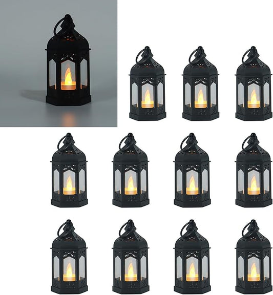 LLQ 12Pcs Mini Lanterns with Small LED Candle, Ramadan Lanterns Decorative Indoor, Vintage Black Lantern for Ramadan EID Decorations Halloween Christmas Wedding Table Centerpiece, Battery Included