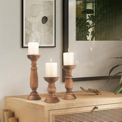 Rustic Wooden Pillar Candle Holders Set of 3, 12'' 9'' 6'' Farmhouse Wood Candle Stand for Table Centerpieces, Vintage Tall Candleholders Fireplace Mantel Decor for Living Room, Brown