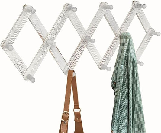 Homode Accordian Wall Hanger, Expandable Coat Rack Wall Mounted, Accordion Style Wood Hat Rack with 13 Peg Hooks for Hanging Coats, Hats, Mugs, Bags, Purses, Necklaces, Rustic White