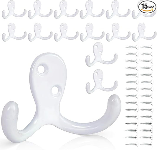 15Pack Coat Hooks Wall Hooks for Hanging, Heavy Duty Double Prong Metal Hook Wall Mounted for Living Room, Bathroom, Kitchen, Bedroom for Coat, Bag, Scarf, Towel, Hat, Key, Cup (White)