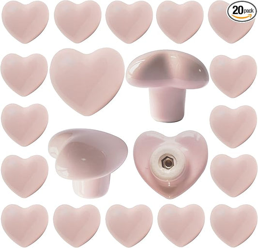Ceramic Drawer Knobs Heart Shape Cabinet Dresser Pulls Handles with 3 Sized Screws, Kitchen Furniture Knobs for Closet Cupboard Wardrobe (20 Pack, Pink)