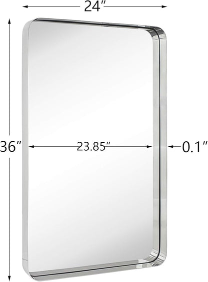 TEHOME 24x36 inch Chrome Metal Framed Bathroom Mirror for Wall in Stainless Steel Chrome Rounded Rectangular Bathroom Vanity Mirrors Wall Mounted…