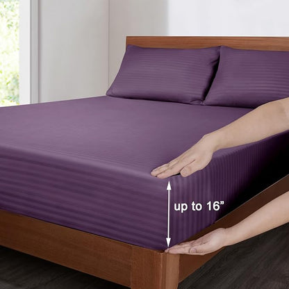 Mejoroom Striped Queen Size Sheet Set - Hotel Luxury 1800 Bedding Sheets & Pillowcases - Deep Pocket Fitted Sheet, Soft, Breathable, Wrinkle & Fade Resistant - 4 Piece (02-Purple)