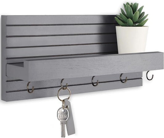 Decorative Key Holder for Wall with Shelf, Entryway Shelf with Hooks Holds Leashes, Jackets and Glasses – Sturdy Wood Keyholder Entrance Hanger with Mounting Hardware (Gray, Medium)