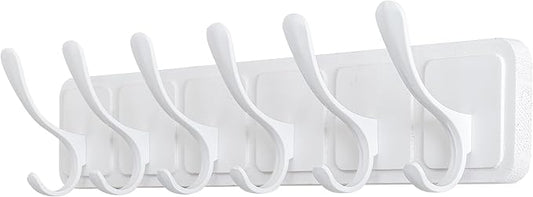 SKOLOO Coat Rack Wall Mount - Scandi-Style Wooden Carved-Block Coat Hook, Wall Coat Hanger with 6 Hooks for Hanging Coats, Hats, Clothing, Scarfs, White
