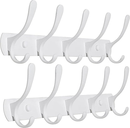 SKOLOO Modern Metal Wall Coat Rack with 5 Hooks, Pack of 2, Sturdy Wall Hook Rack for Hanging Coat, Jacket, Clothes, Hat, White