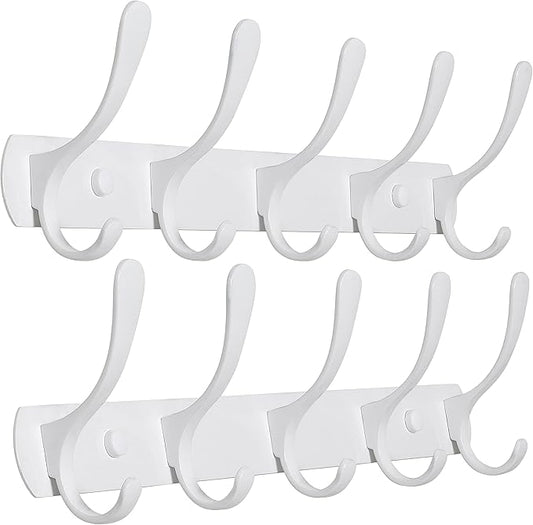 SKOLOO Modern Metal Wall Coat Rack with 5 Hooks, Pack of 2, Sturdy Wall Hook Rack for Hanging Coat, Jacket, Clothes, Hat, White