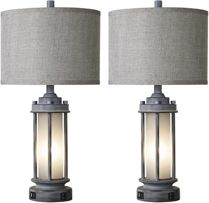 Set of 2 Rustic Table Lamps for Living Room, Farmhouse Vintage Nightstand Lamp with 2 USB Ports, Antique Retro Light Green Glass Night Light for Bedroom Entryway, 4 Bulbs Included