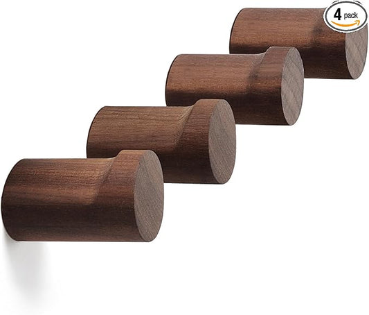 Wood Wall Hooks, 4 Pack Wooden Coat Hooks Wall Mounted, Rustic Hat Hooks Heavy Duty Entryway Wall Hangers for Hanging Purse, Towels, Clothes, Backpack