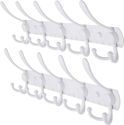 Dseap Wall Mounted Coat Rack - 5 Tri Hooks, Heavy Duty, Stainless Steel, Metal Coat Hook Rail for Coat Hat Towel Purse Robes Mudroom Bathroom Entryway (White, 2 Packs)