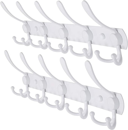 Dseap Wall Mounted Coat Rack - 5 Tri Hooks, Heavy Duty, Stainless Steel, Metal Coat Hook Rail for Coat Hat Towel Purse Robes Mudroom Bathroom Entryway (White, 2 Packs)
