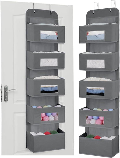 MAX Houser 5-Shelf Over The Door Hanging Organizer with 2 Metal Hooks, 5 Pocket Over The Door Wall Mount Storage with Clear Windows for Baby Nursery Bathroom Closet,Bedroom,Dorm,Diapers,Kids Toy(Gray)