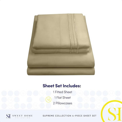 RV Queen Bed Sheets - Breathable Luxury Sheets with Full Elastic & Secure Corner Straps Built In - 1800 Supreme Collection Extra Soft Deep Pocket Bedding Set, Sheet Set, RV Short Queen, Sage