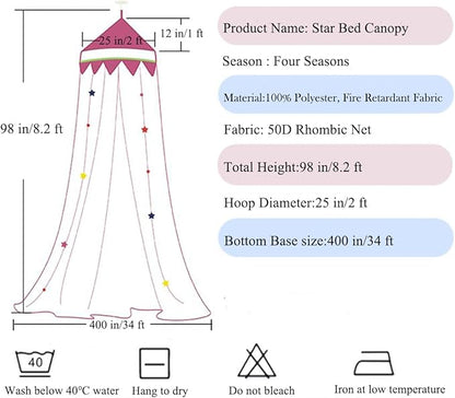Bed Canopy for Girls with Star Lights,Princess Canopy Bed Curtains Mosquito Net with Gold Star for Girls Room Decor, Canopy for Bed Twin Single Full Queen Size Bed (Pink)