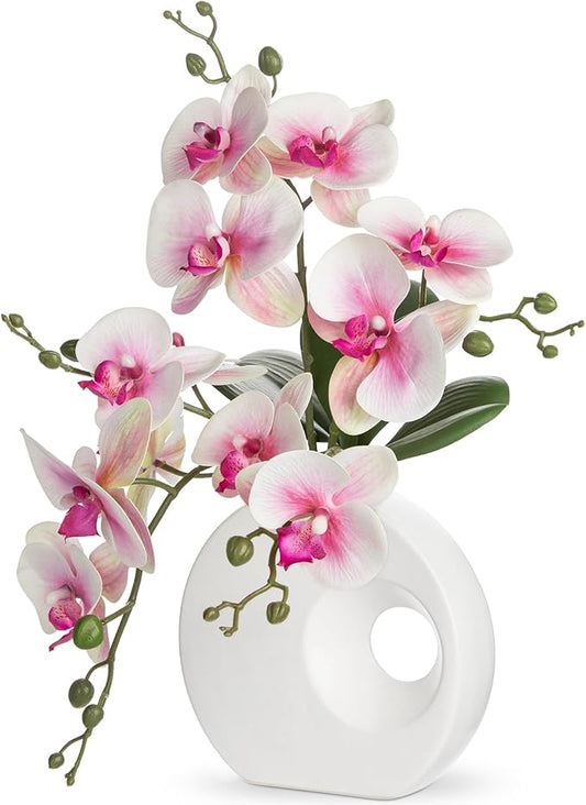 Briful Artificial Orchid Flowers in Modern Ceramic Vase 15.7" Tall Pink Faux Orchid Arrangement Silk Orchid Flower Fake Orchid Centerpiece for Home Office Room Wedding Table Décor
