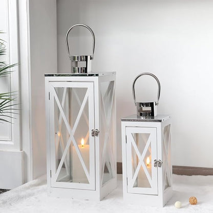 TRIROCKS Set of 2 Farmhouse Wood Lantern 17.5''&24.5'' Metal Decorative Outdoor Lantern with Tempered Glass Rustic Candle Holder for Thanksgiving Christmas Patio Garden Indoor Outdoor(White Rectangle)