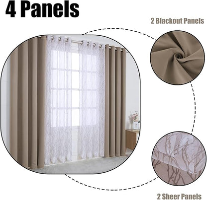 BONZER Mix and Match Curtains - 2 Pieces Branch Print Sheer Curtains and 2 Pieces Blackout Curtains for Bedroom Living Room Grommet Window Drapes, 37x84 Inch/Panel, Taupe, Set of 4 Panels