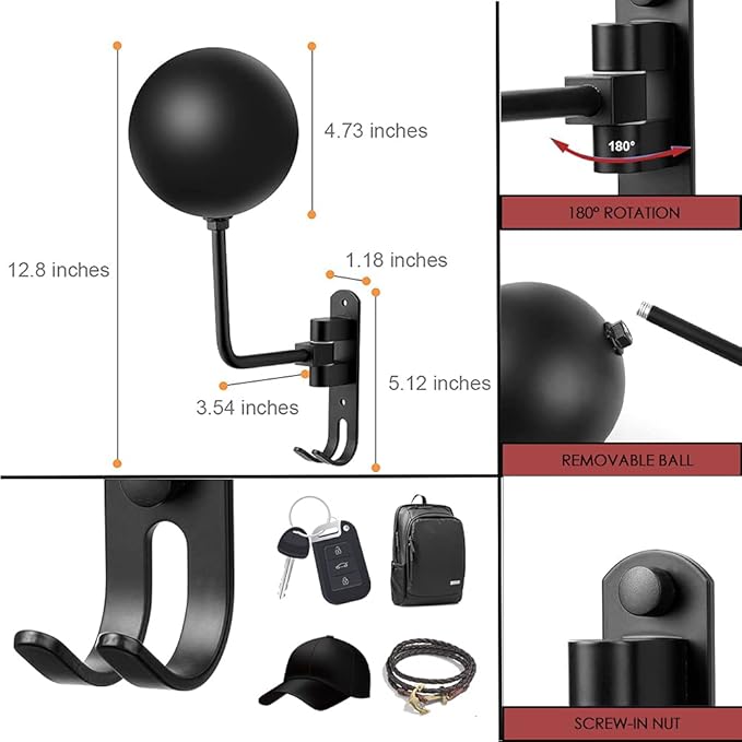 SANGMO 180° Motorcycle Helmet Rack, Rotation Metal Helmet Holder Wall Mounted Helmet Rack Motorcycle with 2 Hooks Helmet Hanger for Motorcycle Bike Coats, Caps, Baseballs and Rugby Helmet (2 Pack)