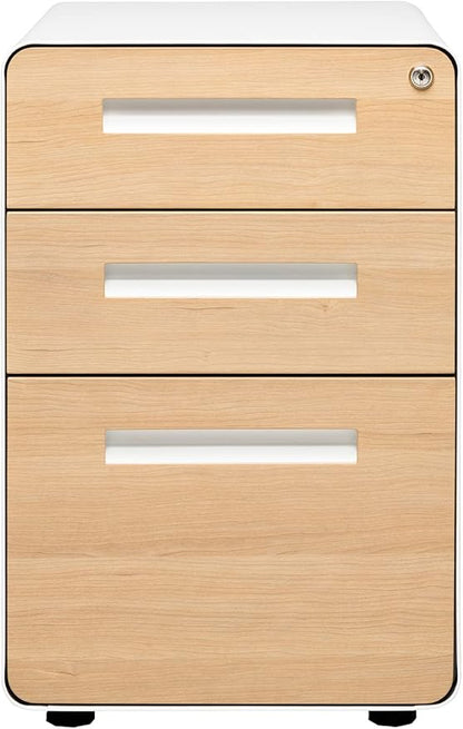 Laura Davidson Furniture Stockpile 3 Drawer File Cabinet with Lock - Under Office Desk Metal Filing Cabinet, Legal/Letter File Folders, Wheels and Stationary Feet, Pre-Assembled, White/Wood