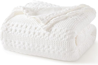PHF 100% Cotton Waffle Weave Blanket Twin Size for Bed, Soft Lightweight & Breathable, All-Season Comfort, Luxury Aesthetic Woven Bedding for Home Decor, 66"x90", White