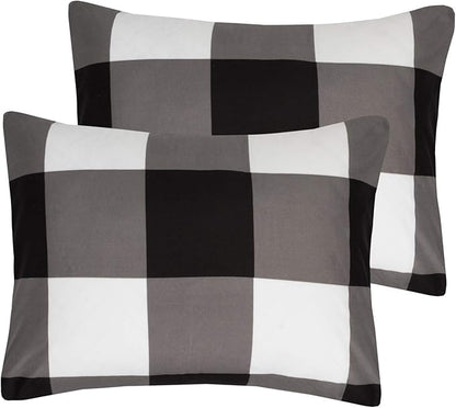 7 Piece Comforter Set Bag Solid Color All Season Soft Down Alternative Blanket & Luxurious Microfiber Bed Sheets, Queen, Buffalo Plaid Black/White