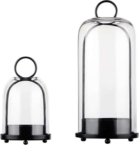 5" & 4" Wide Versatile Metal Candle Holder in Black with Handmade Thick, Heavy & Sturdy Glass Dome for Pillar Candle, Industrial, Modern, Shelf, Mantel, Veranda, Porch (2, Black, Large & Small)