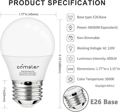comzler 6W A15 LED Bulb Daylight 60 Watt Equivalent, E26 Medium Screw Base Small Light Bulb Cool White 5000K, Home Lighting Decorative Ceiling Fan Light Bulbs Non-Dimmable(Pack of 6) …