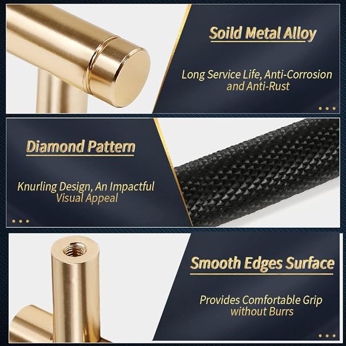 Knurled Cabinet Pulls 2 Pack, 16 Inch Long Cabinet Handles Metal Door Pulls, Kitchen Drawer Pull Knurled Dresser Handles - 10" Hole to Hole, Black & Gold