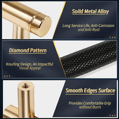 Knurled Cabinet Pulls 2 Pack, 16 Inch Long Cabinet Handles Metal Door Pulls, Kitchen Drawer Pull Knurled Dresser Handles - 10" Hole to Hole, Black & Gold