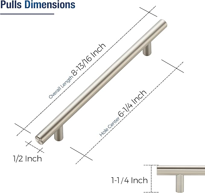 JOY DECOR 20 Pack Cabinet Handles, Brushed Nickel Cabinet Pulls, 6-1/4 in Hole Center Kitchen Cabinet Handles, Stainless Steel T Bar Handles for Dresser Drawers