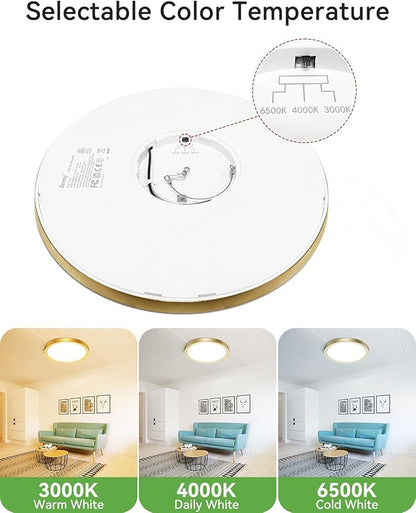 zemty 2Pack LED Ceiling Light Golden - 12In 28W Aureate Flush Mount Ceiling Light, 3 Color Temperature 3000K/4500K/6000K - 3200lm Gilded Round Flat Light Fixture for Kitchen Bathroom Shower