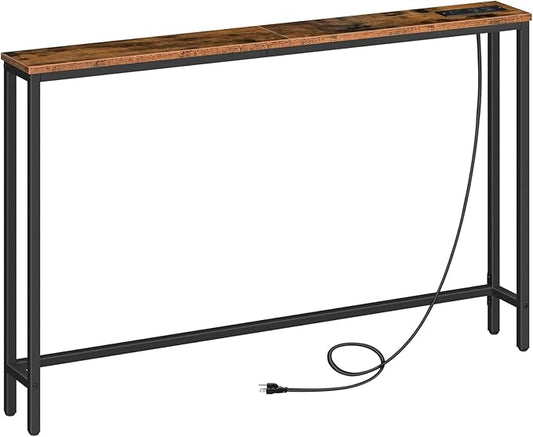 HOOBRO 47.2" Narrow Console Table with Power Outlet, 5.9" Behind Couch Table with Charging Station, Long Sofa Side Table, Skinny Entryway Table for Living Room, Hallway, Foyer, Rustic Brown BF15XG01G1