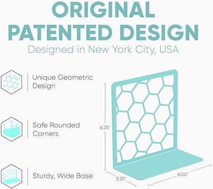 GEOMOD Geometric Honeycomb Turquoise Metal Bookends Decorative - Tall Sturdy Book Ends for Shelves - Modern Heavy Duty Bookend Stopper - Office Shelf Book Holder - 6x3.25x6.25 Inches - 1 Pair