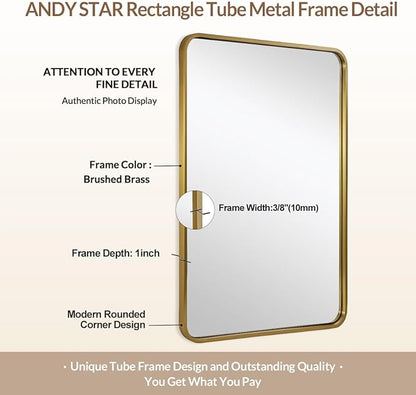 ANDY STAR Brass Mirror Bathroom, 22x30’’ Rounded Rectangle Mirror, Brushed Gold Bathroom Vanity Mirror Non-Rusting SUS304 Metal Tube Frame 1’’ Deep Wall-Mounted Mirrors Vertical/Horizontal