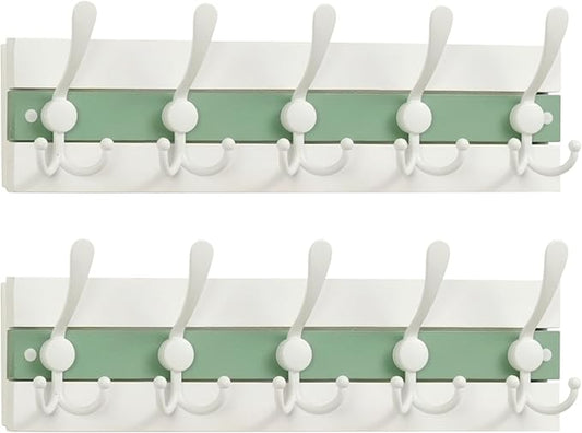 SKOLOO Coastal Wall Mounted Coat Rack - 17" Beach House Entryway Wooden Coat Hook with 5 Hooks for Hanging Coats, Hats or Towels, Oceanfront Cottage Core Collection, White & Green, Pack of 2